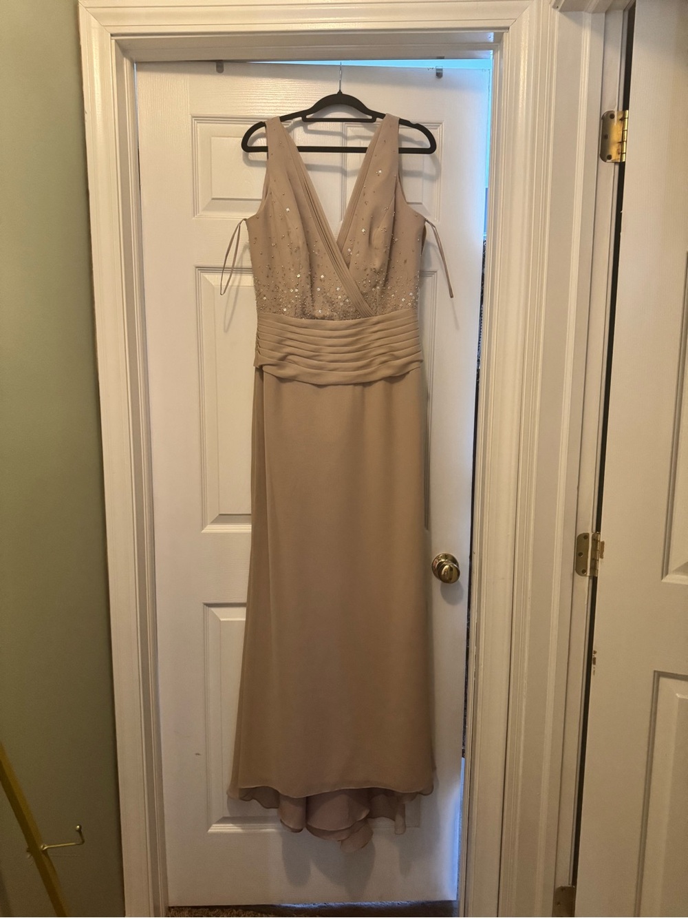 Val Stefani Nude-Beige V-Neck Embellished Evening Gown
